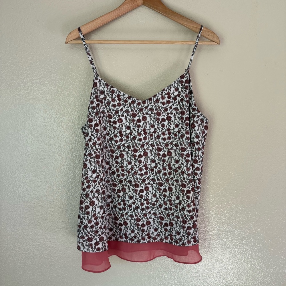 LOFT Floral Print Spaghetti Strap Camisole in White and Burgundy with Pink Hem